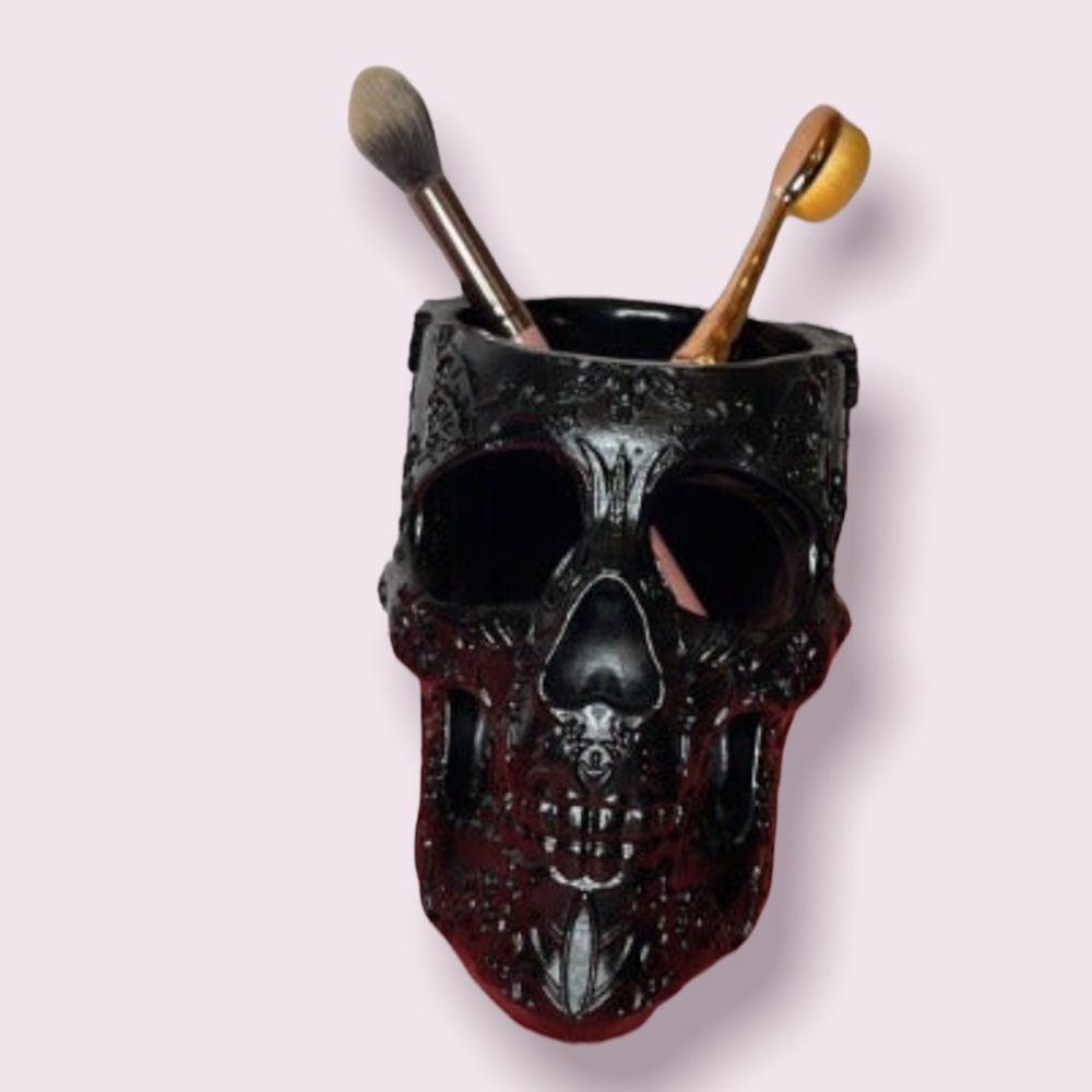 Black Skull Makeup Brush Holder and/or Vase (Halloween decor or goth decor)